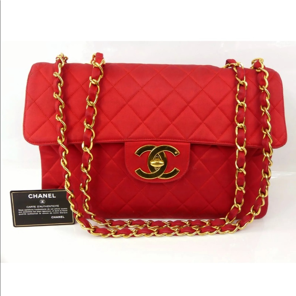 CHANEL vintage red satan classic canvas maxi bag